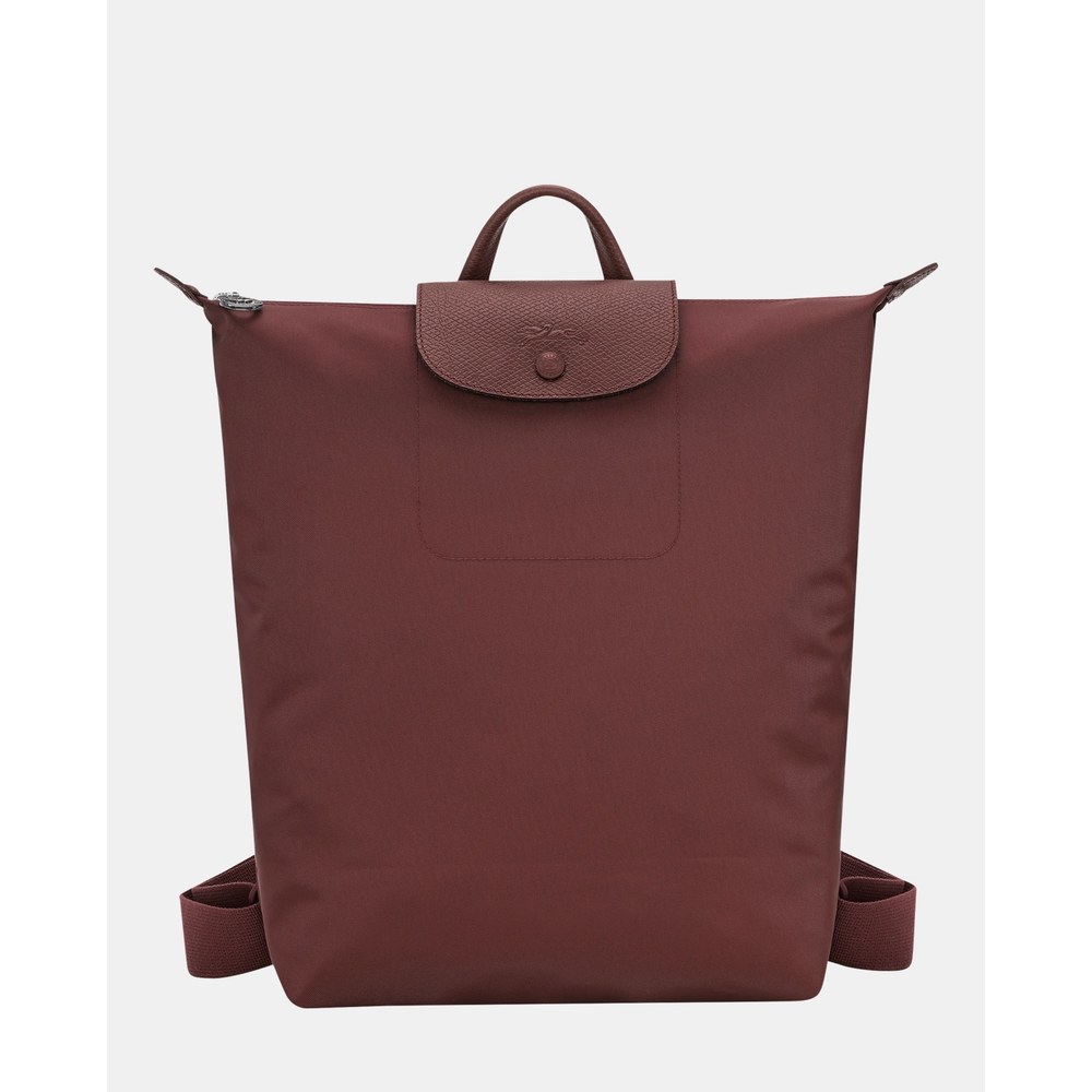 Longchamp Le Pliage One M backpack in burgundy with a folded flap and top handle