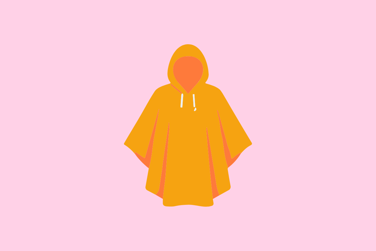 Ilustración de un poncho con capucha amarillo sobre fondo lila, con el título tutorial de ponchos