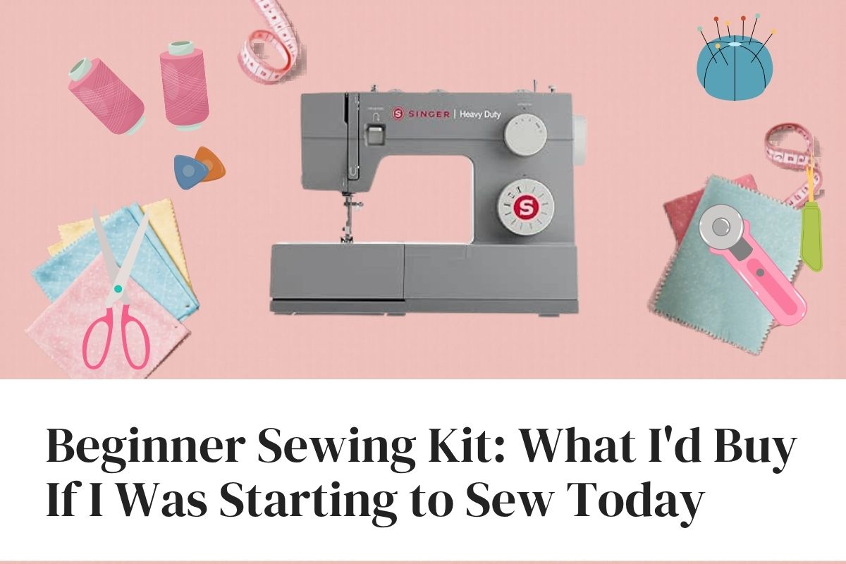 Beginner sewing kit essentials — sewing machine, fabric scissors, thread and tools laid out on a table