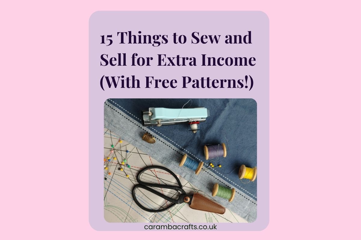 Things to sew and sell — sewing supplies flat lay with scissors, thread spools and pattern paper