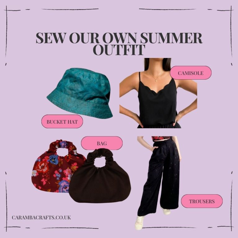 Free sewing patterns for a summer outfit — bucket hat, camisole, wide leg trousers and scrunchie bag on a lavender background from Caramba Crafts