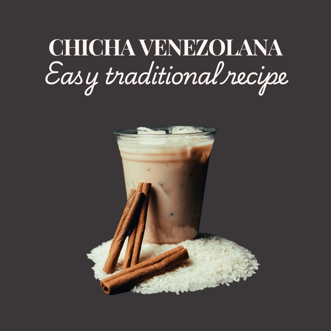 A clear glass of chicha venezolana over ice, garnished with cinnamon sticks resting on a bed of raw rice, with the title Chicha Venezolana Easy Traditional Recipe on a dark background