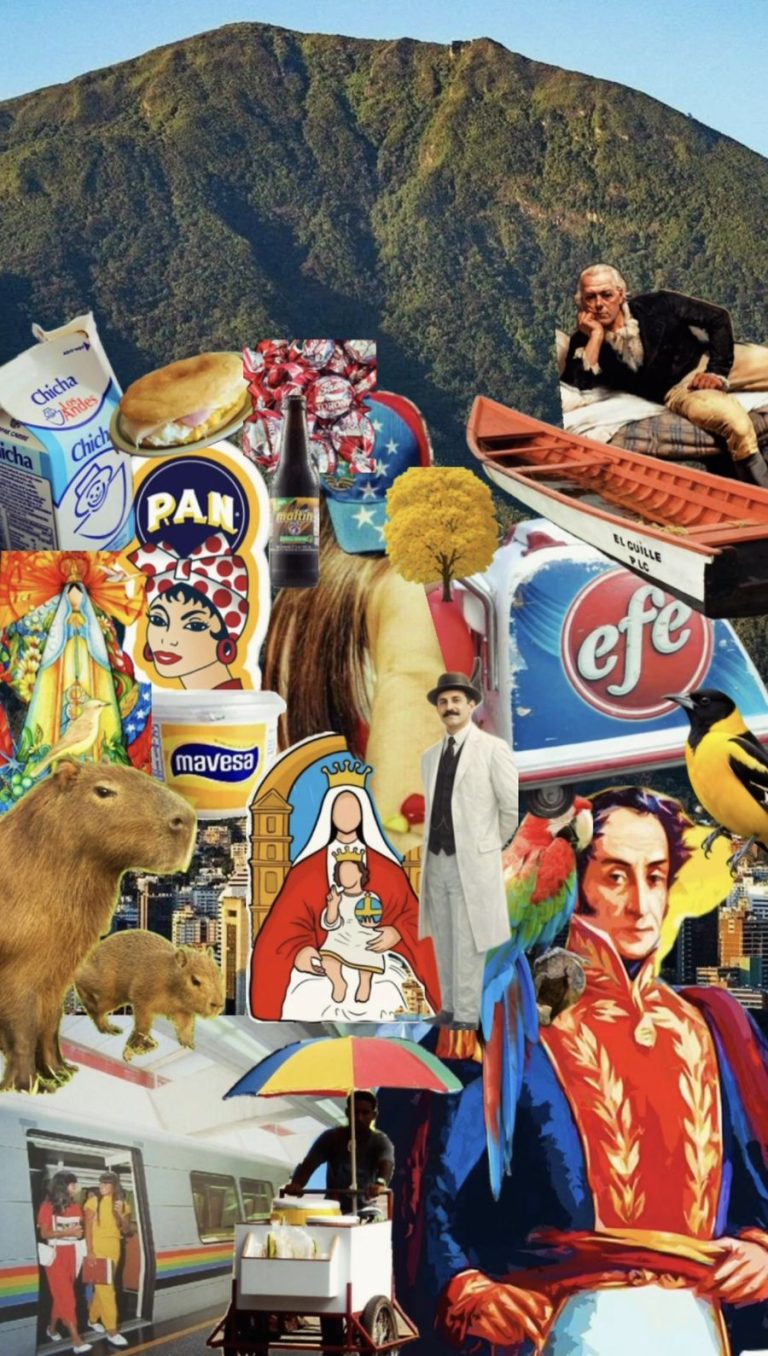 A vibrant collage of Venezuelan culture and symbols, set against El Ávila mountain and the Caracas skyline. It includes a capybara (chigüire) and babies, a turpial bird, a scarlet macaw, the araguaney tree in yellow bloom, Simón Bolívar, a portrait of a gentleman in a white suit, religious images of the Virgin and La Divina Pastora, an arepa, Harina P.A.N., Mavesa, Maltín, EFE ice cream, Chicha Los Andes, a Caracas metro train, and a street vendor's cart with a rainbow umbrella.