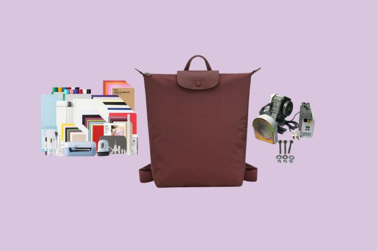 Crafty mum gift ideas on a lavender background: a Cricut Joy 2 bundle, a burgundy Longchamp backpack and a Jack servo motor