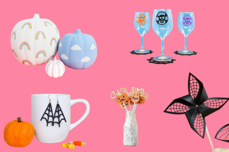 Cricut Joy 2 Halloween crafts collage on a pink background: rainbow and cloud pumpkins, skull wine glasses, spider web earrings on a mug, pumpkin straw toppers and a spider web pinwheel